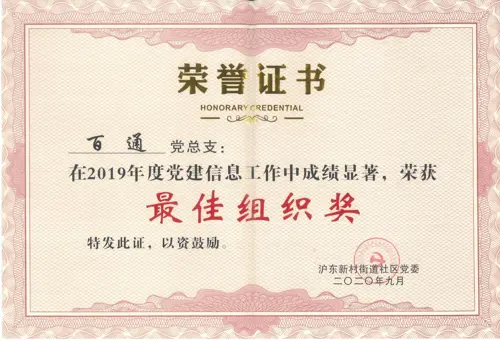 2019年度沪东党建信息“最佳组织奖”