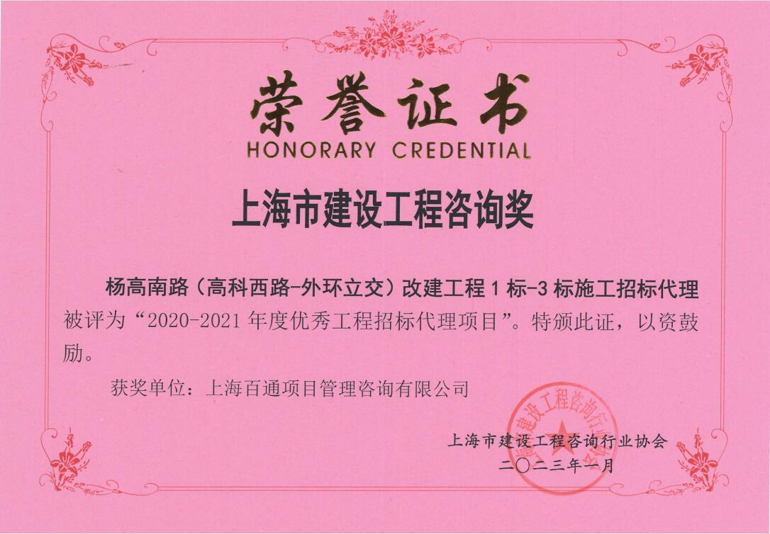 杨高南路（高科西路-外环立交）改建工程1标-3标施工招标代理-2020-2021年度优秀工程招标代理项目